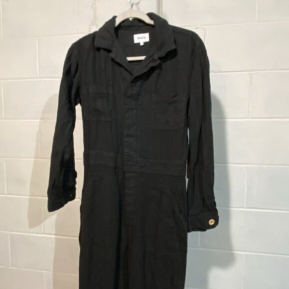 Mate The Label Women's Linen LS Jumpsuit SMALL Black Cropped Organic Pockets - Picture 4 of 10